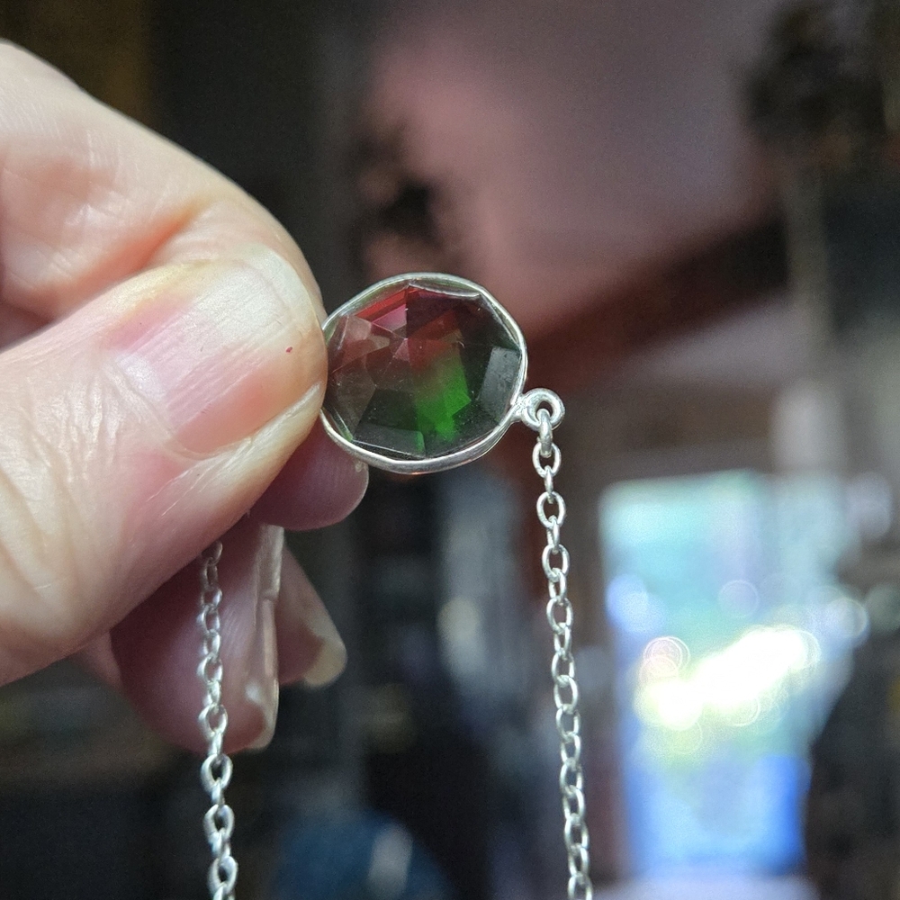 Watermelon tourmaline sterling silver diamond cut station necklace 18" - Picture 8 of 9